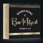 Bar Mitzvah Black Gold Foil Tallit Script Modern Binder<br><div class="desc">Let your favourite Bar Mitzvah be proud, rejoice and celebrate his milestone with this stunning keepsake scrapbook memory album. Graphic faux gold foil calligraphy script, Star of David, and hand drawn tallit lines, overlay a rich, dramatic, black background. A faux gold Star of David and additional hand drawn tallit lines...</div>