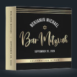 Bar Mitzvah Black Gold Foil Tallit Script Modern Binder<br><div class="desc">Let your favourite Bar Mitzvah be proud, rejoice and celebrate his milestone with this stunning keepsake scrapbook memory album. Graphic faux gold foil calligraphy script, Star of David, and hand drawn tallit lines, overlay a rich, dramatic, black background. A faux gold Star of David and additional hand drawn tallit lines...</div>