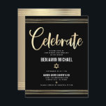 Bar Mitzvah Black Gold Foil Tallit Script Modern Enclosure Card<br><div class="desc">Be proud, rejoice and showcase this milestone of your favourite Bar Mitzvah! Include this stunning, modern, personalized insert for additional information to your event. Graphic faux gold foil calligraphy script, Star of David, and hand drawn tallit lines overlay a rich, dramatic, black background. A faux gold Star of David and...</div>