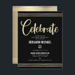Bar Mitzvah Black Gold Foil Tallit Script Modern Enclosure Card<br><div class="desc">Be proud, rejoice and showcase this milestone of your favourite Bar Mitzvah! Include this stunning, modern, personalized insert for additional information to your event. Graphic faux gold foil calligraphy script, Star of David, and hand drawn tallit lines overlay a rich, dramatic, black background. A faux gold Star of David and...</div>
