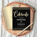 Bar Mitzvah Black Gold Foil Tallit Script Modern Enclosure Card<br><div class="desc">Be proud, rejoice and showcase this milestone of your favourite Bar Mitzvah! Include this stunning, modern, personalized insert for additional information to your event. Graphic faux gold foil calligraphy script, Star of David, and hand drawn tallit lines overlay a rich, dramatic, black background. A faux gold Star of David and...</div>