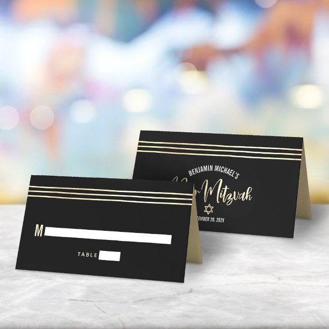 Bar Mitzvah Black Gold Foil Tallit Script Modern Place Card (Creator Uploaded)