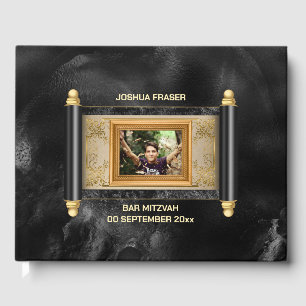 Bar mitzvah black marble gold scroll elegant photo guest book
