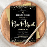 Bar Mitzvah Black Modern Script Stylish Real Gold<br><div class="desc">Be proud, rejoice and showcase this milestone of your favorite Bar Mitzvah! Send out this stunning, modern, sophisticated, personalized Hebrew name invitation for an event to remember. Graphic faux gold foil calligraphy script, Star of David, and confetti, overlay a rich, dramatic, black background. A faux gold Star of David overlays...</div>