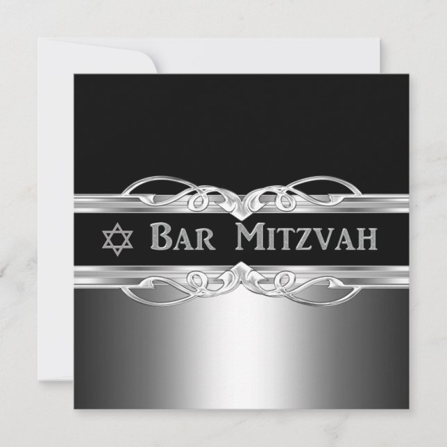 Bar Mitzvah Black Silver Metal Boy Invitation (Front)