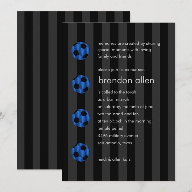 Bar Mitzvah Blue and Black Soccer Ball Invitation (Front/Back)