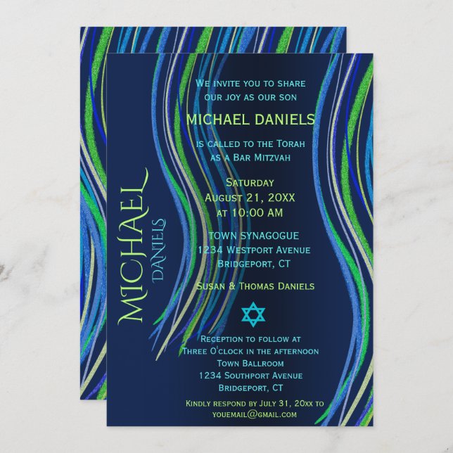 Bar Mitzvah Blue and Green Prayer Shawl Invitation (Front/Back)