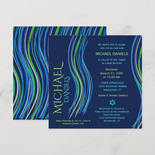 Bar Mitzvah Blue and Green Prayer Shawl Invitation (Front/Back)