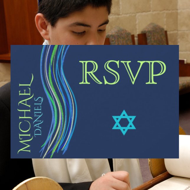 Bar Mitzvah Blue and Green Prayer Shawl RSVP Card (Creator Uploaded)