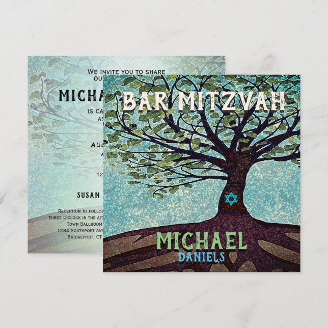 Bar Mitzvah Blue and Green Tree of Life Invitation (Front/Back)