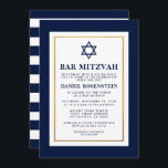 Bar Mitzvah Blue and White Striped Gold Invitation<br><div class="desc">Bar Mitzvah Blue White Gold Invitation Card - Striped Back</div>