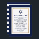 Bar Mitzvah Blue and White Striped Gold Invitation<br><div class="desc">Bar Mitzvah Blue White Gold Invitation Card - Striped Back</div>