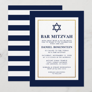 Bar Mitzvah Blue and White Striped Gold Invitation