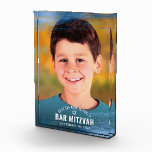 Bar Mitzvah Blue Foil Brush Bold Modern Typography Photo Block<br><div class="desc">Be proud, rejoice and showcase this milestone of your favourite Bar Mitzvah with this cool, unique, modern, personalized keepsake custom photo block! Faux metallic light blue foil brush strokes, a white Star of David, and bold, white typography overlay the photo of your choice. Personalize the custom text with your Bar...</div>