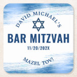 Bar Mitzvah Blue Foil Navy Typography Modern Bold Square Paper Coaster<br><div class="desc">Be proud, rejoice and showcase this milestone of your favourite Bar Mitzvah! Celebrate with this bold, stunning, simple, modern, custom paper coaster. Faux metallic light blue foil brush strokes, navy blue typography and a navy blue Star of David overlay a clean, white background. Personalize with your son’s name, date of...</div>