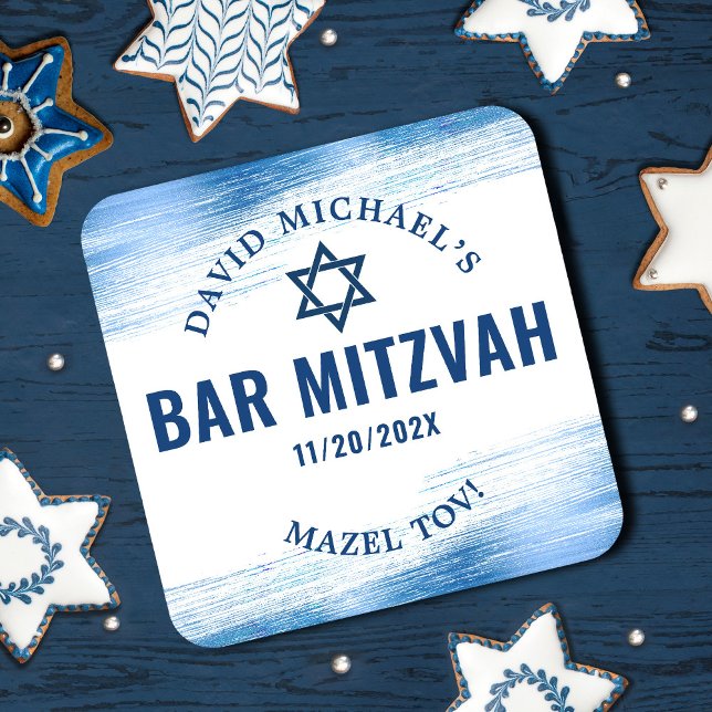 Bar Mitzvah Blue Foil Navy Typography Modern Bold Square Paper Coaster (Creator Uploaded)