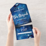 Bar Mitzvah Blue Galaxy Watercolor Agate Script All In One Invitation<br><div class="desc">Be proud, rejoice and showcase this milestone of your favourite Bar Mitzvah! Send out this cool, unique, modern, custom all-in-one invitation for an event to remember. White script typography and Star of David overlay a deep blue galaxy watercolor background with steel blue agate accented with faux silver veins. This all-in-one...</div>
