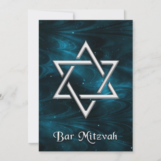 Bar Mitzvah Blue Nebulae & Silver Star of David Invitation (Front)