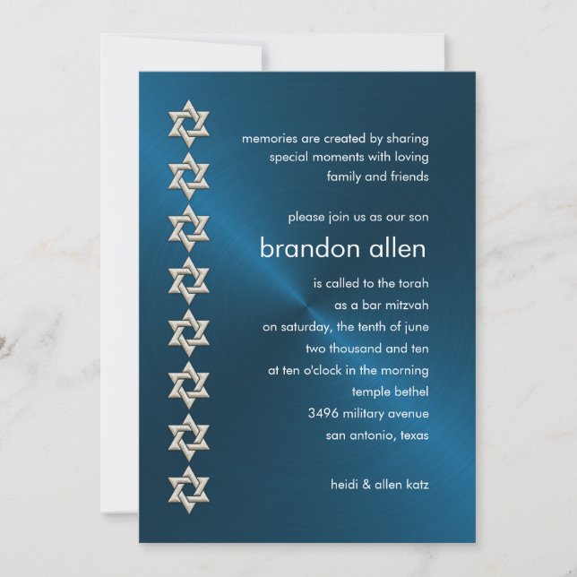 Bar Mitzvah Blue Sheen Silver Stars of David Invitation (Front)