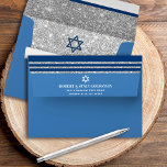 Bar Mitzvah Blue Silver Glitter Tallit Simple Bold Envelope<br><div class="desc">When you send out this cool, unique, modern, personalized coordinating Bar Mitzvah invitation envelope you’ll definitely stand out in the daily mail. The outside back flap of this cornflower blue envelope boasts bold, pale blue, sans serif white typography and Star of David with a navy blue and faux silver glitter...</div>