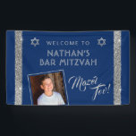 Bar Mitzvah Blue Silver Mazel Tov Congrats Banner<br><div class="desc">Bar Mitzvah Welcome and Mazel Tov Congratulations Banner with Personalized photo on a navy blue background with silver sparkly glitter stripe border edges. Add custom wording, fonts, or more photos and remove the gold glittler border by clicking "Customize Further." For matching and coordinating items, contact the Paper Grape Zazzle Designer...</div>