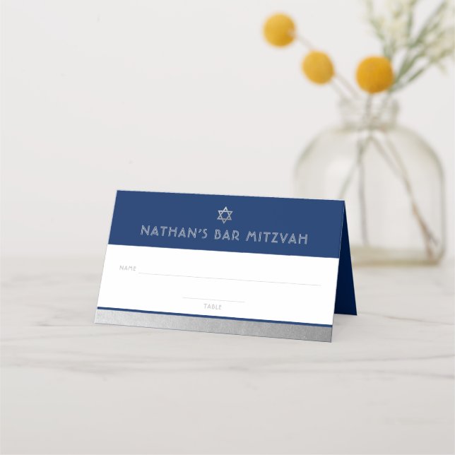 Bar Mitzvah Blue Silver Modern Folded Place Card (Front)