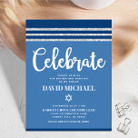 Bar Mitzvah Blue Silver Tallit Bold Modern Script  Enclosure Card<br><div class="desc">Be proud, rejoice and showcase this milestone of your favourite Bar Mitzvah! Include this cool, unique, modern, personalized insert for additional information to your event. Bold, white script typography, Star of David and a navy blue and silver glitter striped tallit inspired graphic overlay a simple, cornflower blue background. Personalize the...</div>