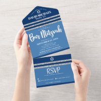 Bar Mitzvah Blue Silver Tallit Modern Bold Script