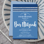 Bar Mitzvah Blue Silver Tallit Modern Bold Script Invitation<br><div class="desc">Be proud, rejoice and showcase this milestone of your favourite Bar Mitzvah! Send out this cool, unique, modern, personalized invitation for an event to remember. Bold, white script typography, Star of David and a navy blue and silver glitter striped tallit inspired graphic overlay a simple, cornflower blue background. Personalize the...</div>