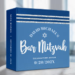 Bar Mitzvah Blue Silver Tallit Script Keepsake Binder<br><div class="desc">Let your favourite Bar Mitzvah be proud, rejoice and celebrate his milestone with this stunning keepsake scrapbook memory album. Bold, white script typography, Star of David and a navy blue and silver glitter striped tallit inspired graphic overlay a simple, cornflower blue background. A white Star of David adorns the cornflower...</div>