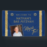 Bar Mitzvah Blue Welcome Mazel Tov  Banner<br><div class="desc">Bar Mitzvah Welcome and Mazel Tov Congratulations Banner with Personalized photo on a navy blue background with silver sparkly glitter stripe border edges. Add custom wording, fonts, or more photos and remove the gold glittler border by clicking "Customize Further." For matching and coordinating items, contact the Paper Grape Zazzle Designer...</div>