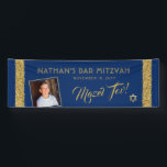 Bar Mitzvah Blue Welcome Mazel Tov Large Banner<br><div class="desc">Large Long Bar Mitzvah Welcome and Mazel Tov Congratulations Banner with Personalized photo on a navy blue background with gold sparkly glitter stripe border edges. Add custom wording,  fonts,  or more photos and remove the gold glittler border by clicking "Customize Further."</div>