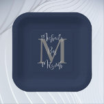 Bar Mitzvah Blue White Grey Name Monogram Paper Plate<br><div class="desc">What a wonderful,  personalized paper plate for a Jewish Bar Mitzvah Party Reception.  Background is navy blue,  monogram is grey,  name is white.  Choose square or round.  All Rights Reserved © 2024 Alan & Marcia Socolik.</div>