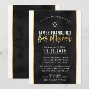 BAR MITZVAH bold black watercolor gold script Invitation