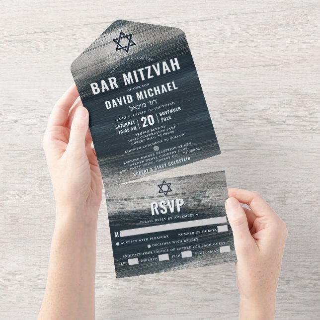 Bar Mitzvah Bold Modern Charcoal Grey Silver Foil All In One Invitation (Tearaway)