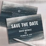 Bar Mitzvah Bold Modern Charcoal Grey Silver Foil  Save The Date<br><div class="desc">Make sure all your friends and relatives will be able to celebrate your son’s milestone Bar Mitzvah! Send out this cool, unique, modern, personalized “Save the Date” announcement card. Metallic silver foil brush strokes and Star of David, along with bold, white typography, overlay a rich, dark charcoal grey blue ombre...</div>