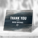 Bar Mitzvah Bold Modern Charcoal Grey Silver Foil  Thank You Card<br><div class="desc">Make sure your favourite Bar Mitzvah shows his appreciation to all who supported his milestone event! Send out this cool, unique, modern, personalized thank you card. Metallic silver foil brush strokes and Star of David, along with bold, white typography, overlay a rich, dark charcoal grey blue ombre paint background. Your...</div>