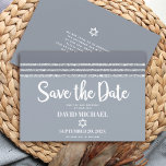 Bar Mitzvah Bold Modern Grey Silver Tallit Script Save The Date<br><div class="desc">Make sure all your friends and relatives will be able to celebrate your son’s milestone Bar Mitzvah! Send out this cool, unique, modern, personalized “Save the Date” announcement card. Bold, white script typography, Star of David, and a soft grey and silver glitter striped tallit inspired graphic overlay a simple, lighter...</div>