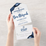 Bar Mitzvah Bold Modern Navy Blue Agate Script All In One Invitation<br><div class="desc">Be proud, rejoice and showcase this milestone of your favourite Bar Mitzvah! Send out this cool, unique, modern, custom all-in-one invitation for an event to remember. Bold navy blue script typography and Star of David overlay simple, white background with steel blue agate accented with faux silver veins. This all-in-one product...</div>