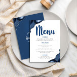 Bar Mitzvah Bold Modern Navy Blue Agate Script Menu<br><div class="desc">Be proud, rejoice and showcase this milestone of your favourite Bar Mitzvah with a celebration to be proud of! Tempt your guests with this stunning, modern, party meal menu, featuring navy blue calligraphy script, bold navy blue and soft grey typography, and steel blue agate rocks accented with faux silver veins,...</div>