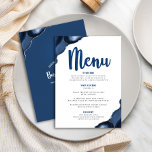 Bar Mitzvah Bold Modern Navy Blue Agate Script Menu<br><div class="desc">Be proud, rejoice and showcase this milestone of your favourite Bar Mitzvah with a celebration to be proud of! Tempt your guests with this stunning, modern, party meal menu, featuring navy blue calligraphy script, bold navy blue and soft grey typography, and steel blue agate rocks accented with faux silver veins,...</div>