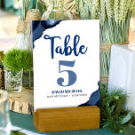 Bar Mitzvah Bold Modern Navy Blue Agate Script Table Number<br><div class="desc">No Bar Mitzvah party is complete without personalized table number cards. Let your son be proud, rejoice and celebrate his milestone at his perfectly coordinated party. Navy blue calligraphy script, bold blue and soft grey typography, and steel blue agate rocks accented with faux silver veins overlay a simple, white background....</div>
