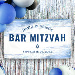 Bar Mitzvah Bold Modern Navy Typography Blue Foil Banner<br><div class="desc">Be proud, rejoice and showcase this milestone of your favourite Bar Mitzvah! Hang up this cool, unique, modern, personalized banner to add to his special day. Faux metallic light blue foil brush strokes, along with bold, navy blue typography and Star of David, overlay a clean, simple white background. Personalize the...</div>