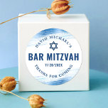 Bar Mitzvah Bold Modern Navy Typography Blue Foil  Classic Round Sticker<br><div class="desc">Be proud, rejoice and showcase this milestone of your favourite Bar Mitzvah! Use this cool, unique, modern, personalized sticker to add to his special day. Metallic light blue foil brush strokes, along with bold, navy blue typography and Star of David, overlay a simple, white background. Personalize the custom text with...</div>