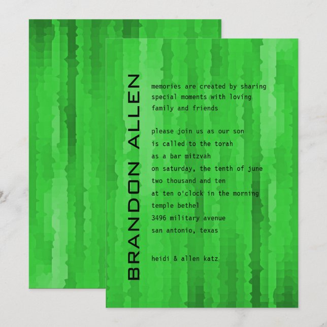 Bar Mitzvah Bright Green Techno Streaks Invitation (Front/Back)