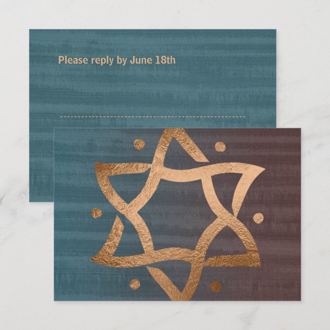 Bar Mitzvah Brown et Turquoise Cuivre Star RSVP (Devant / Derrière)