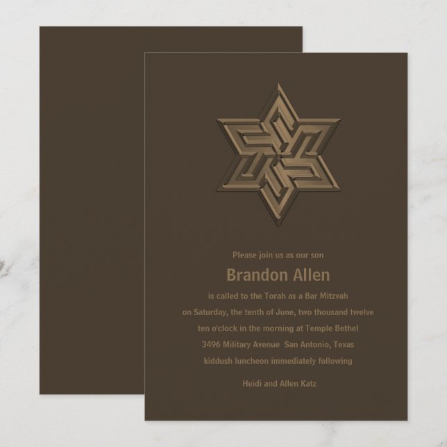Bar Mitzvah Brown Tones Star of David Invitation (Front/Back)