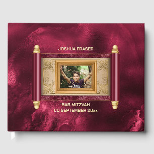 Bar mitzvah burgundy marble gold scroll photo chic guest book