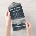Bar Mitzvah Charcoal Grey Silver Foil Modern Bold All In One Invitation<br><div class="desc">Be proud, rejoice and showcase this milestone of your favourite Bar Mitzvah! Send out this cool, unique, modern, custom all-in-one invitation for an event to remember. Faux metallic silver foil brush strokes and Star of David, along with bold, white typography, overlay a rich, dark charcoal grey blue ombre paint background....</div>
