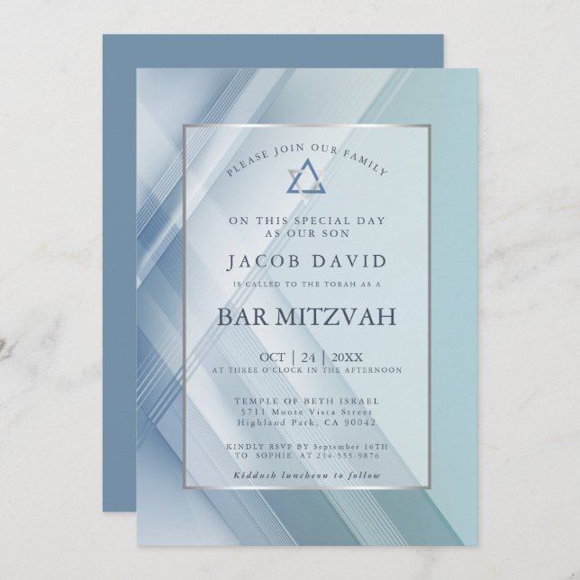 Bar Mitzvah Classic Shades of Blue Geometric Lines Invitation (Front/Back)